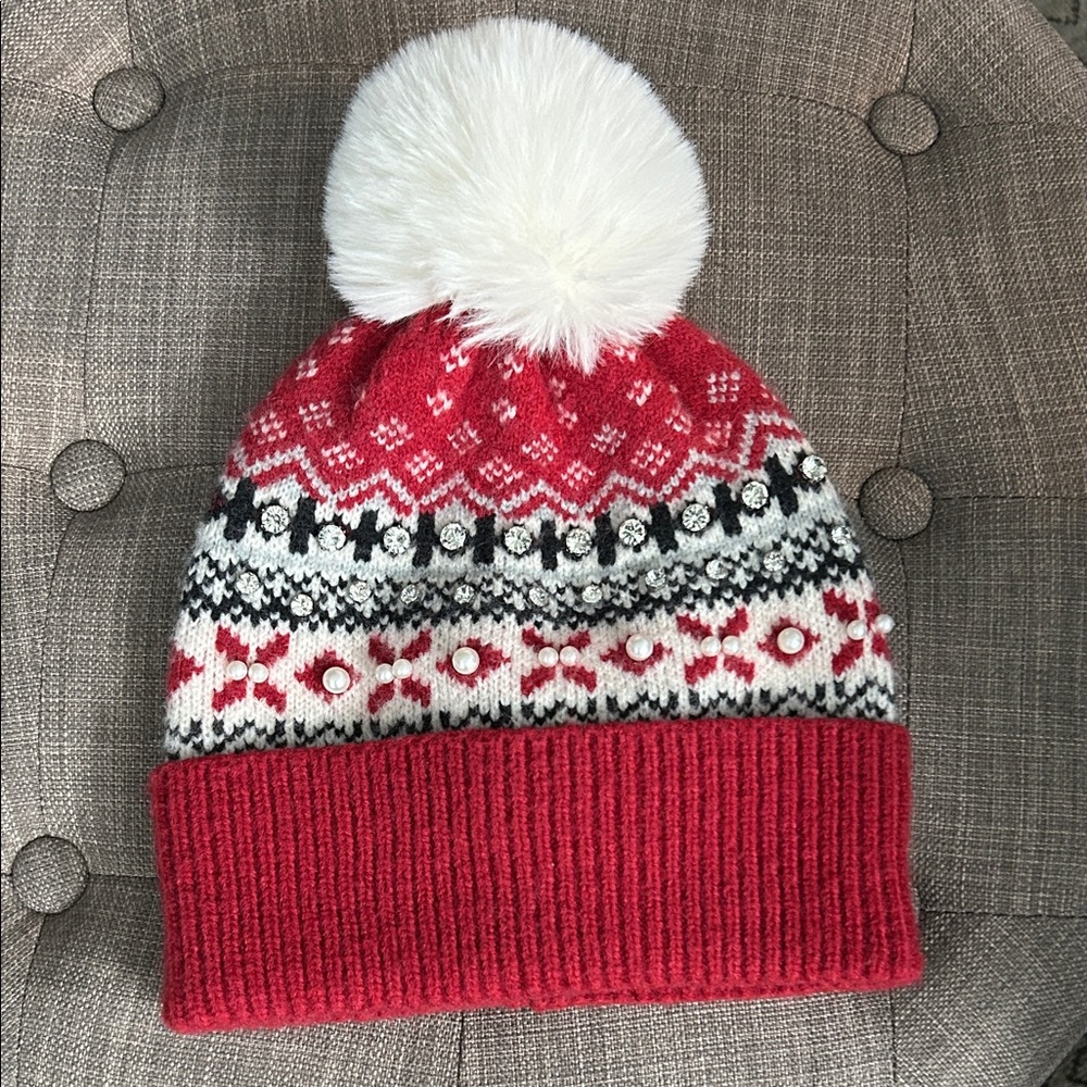 Nine West Red and White Knit Pom-Pom Hat